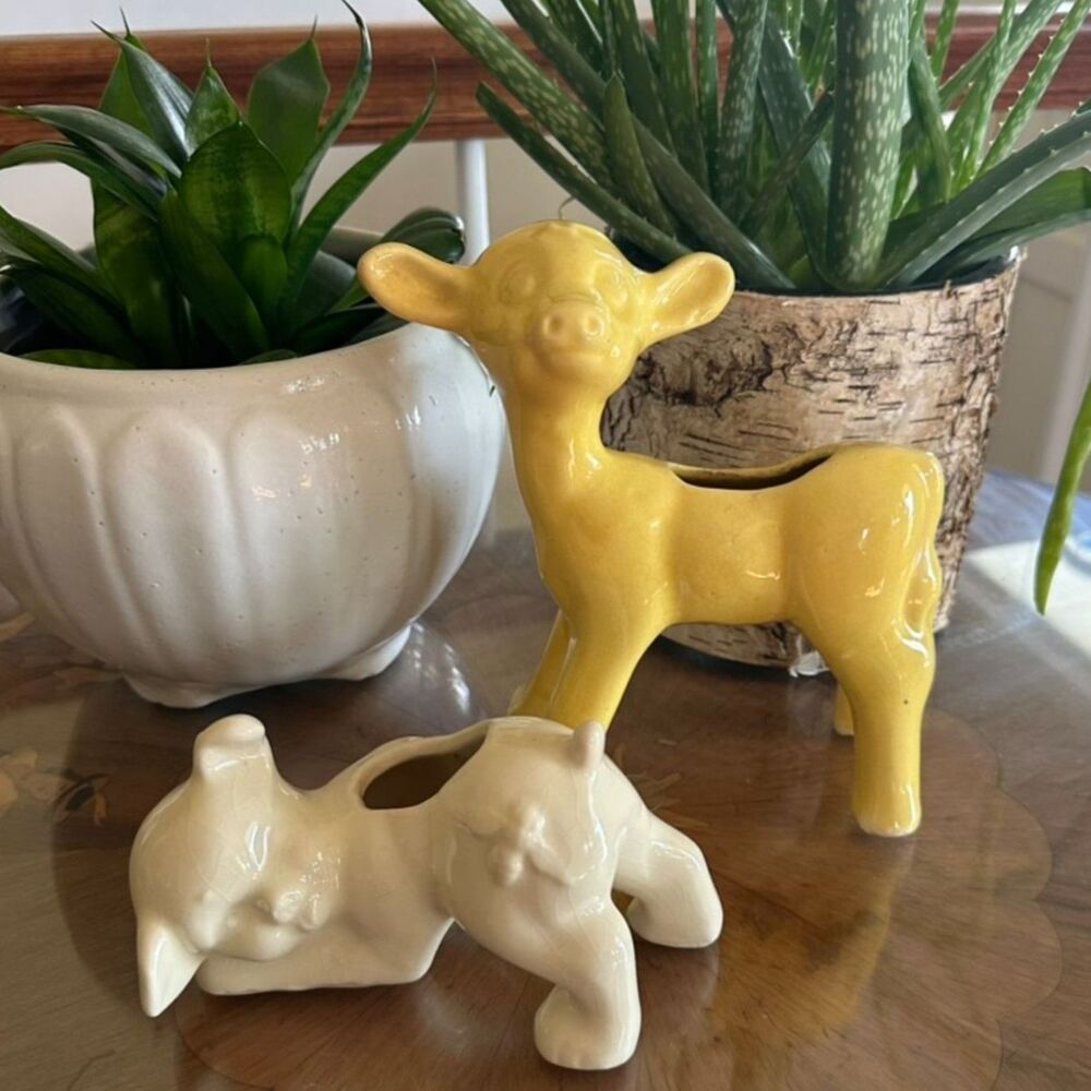 Vintage Mid Century Ceramic Planters: Lamb & Pig w/ Bumblebee 1940s–50s Pair